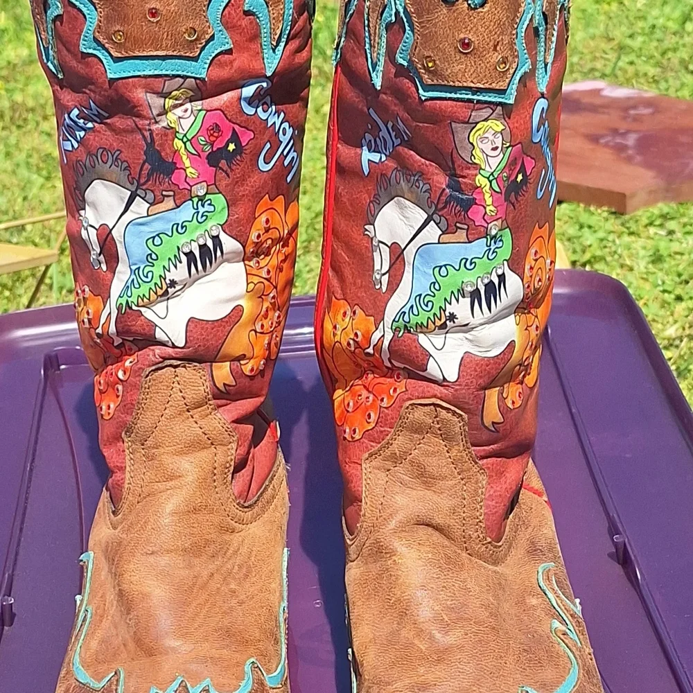 Ariat Quincy Bronco Boots Billie Red 7.5 Painted Cowgirl Western Cowboy Rare - Picture 14 of 15
